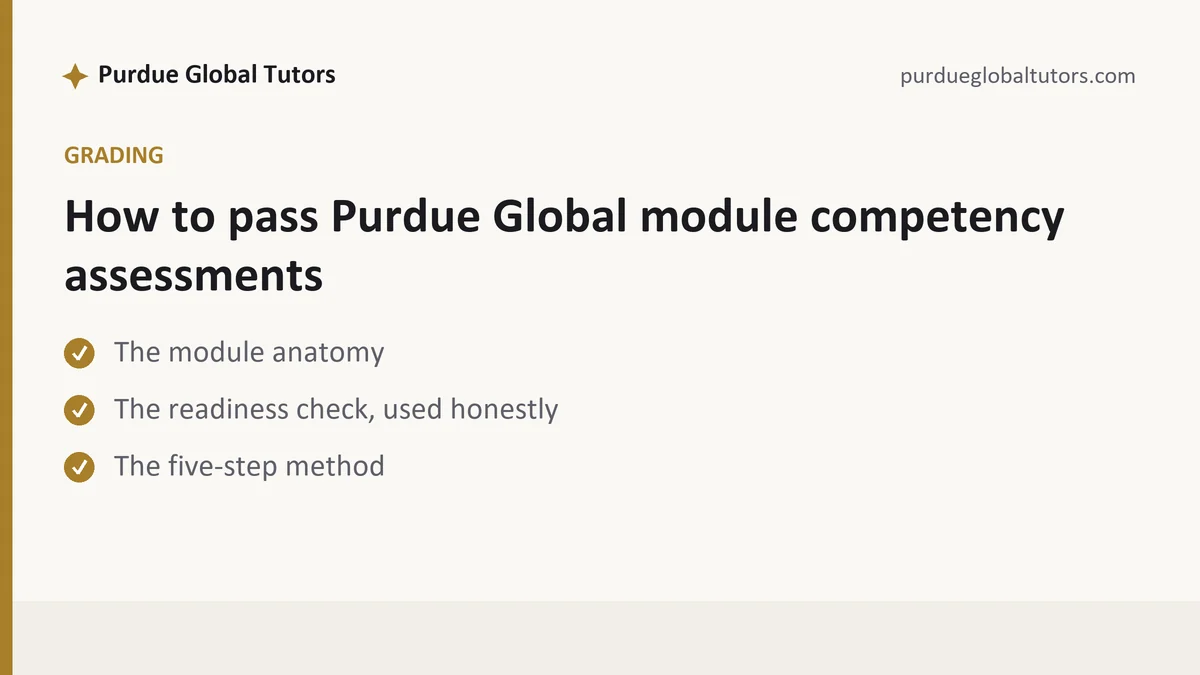 How to pass Purdue Global module competency assessments, a Purdue Global student guide, from Purdue Global Tutors