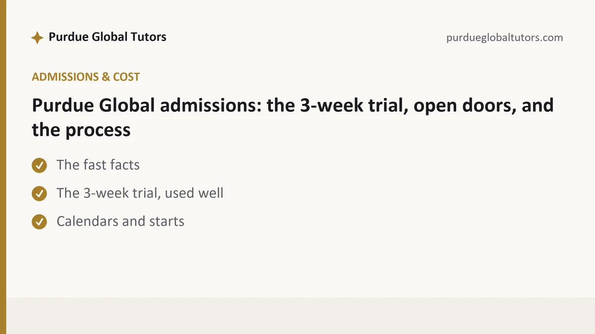Purdue Global admissions: the 3-week trial, open doors, and the process, a Purdue Global student guide, from Purdue Global Tutors