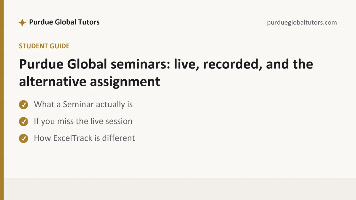 Purdue Global seminars: live, recorded, and the alternative assignment, a Purdue Global student guide, from Purdue Global Tutors